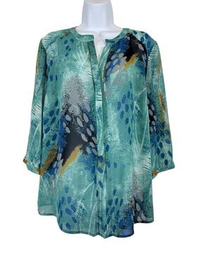 Ambria Collection Abstract Print Blouse Teal Blue Tunic Top 3/4 Sleeve Flowy